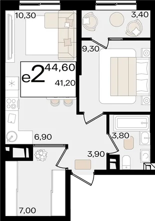 Планировка 2-комн. квартира, 44.6 м² ЖК «Патрики»