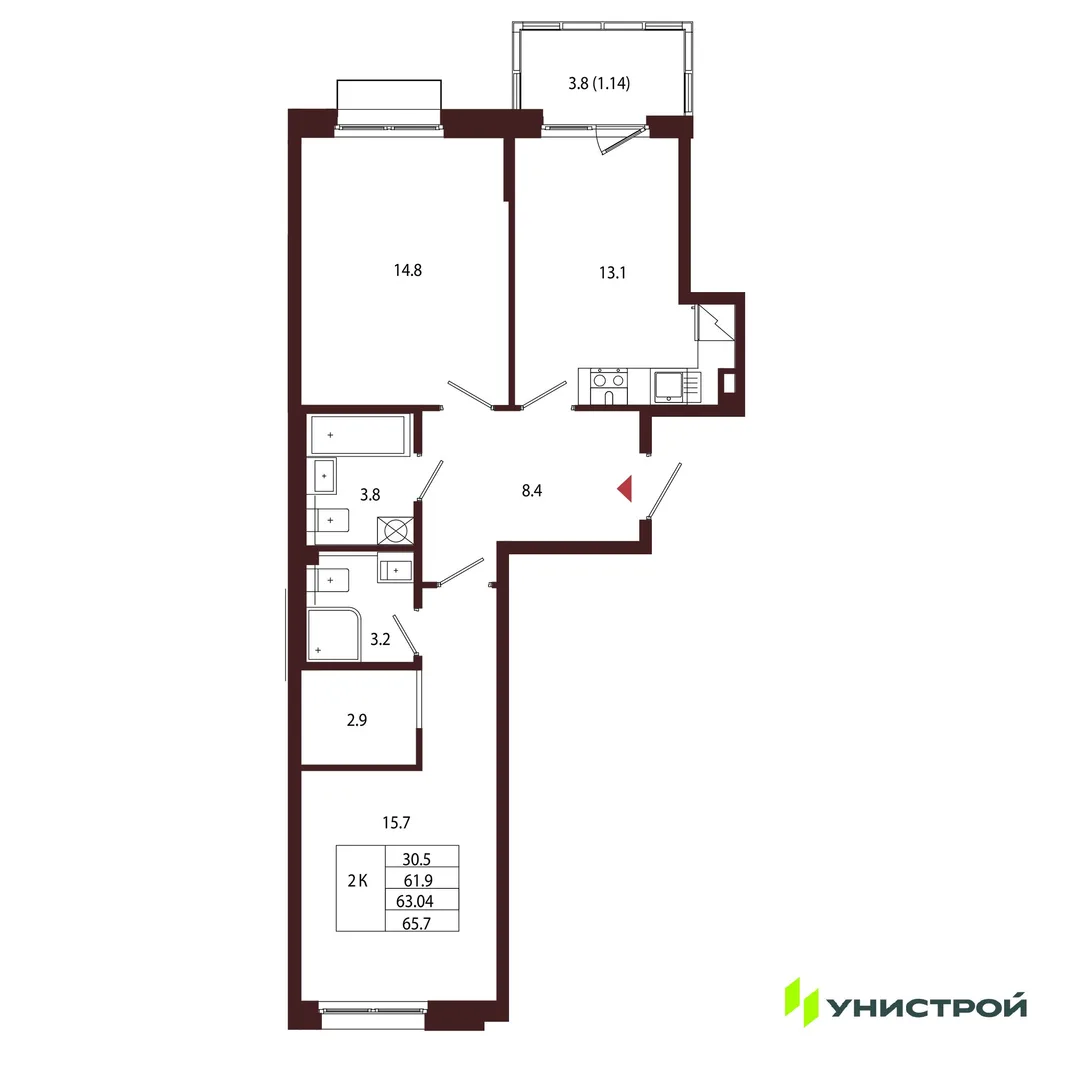 Планировка 2-комн. квартира, 63.04 м² ЖК «Лисино»