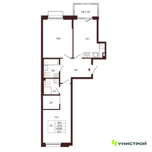 Планировка 2-комн. квартира, 63.04 м² ЖК «Лисино»