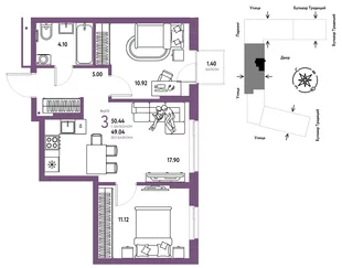 Планировка 3-комн. квартира, 50.44 м² ЖК «Микрорайон Домашний»