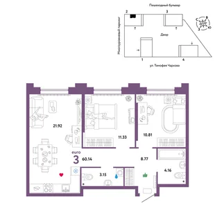 Планировка 3-комн. квартира, 60.14 м² ЖК «Микрорайон Звездный»