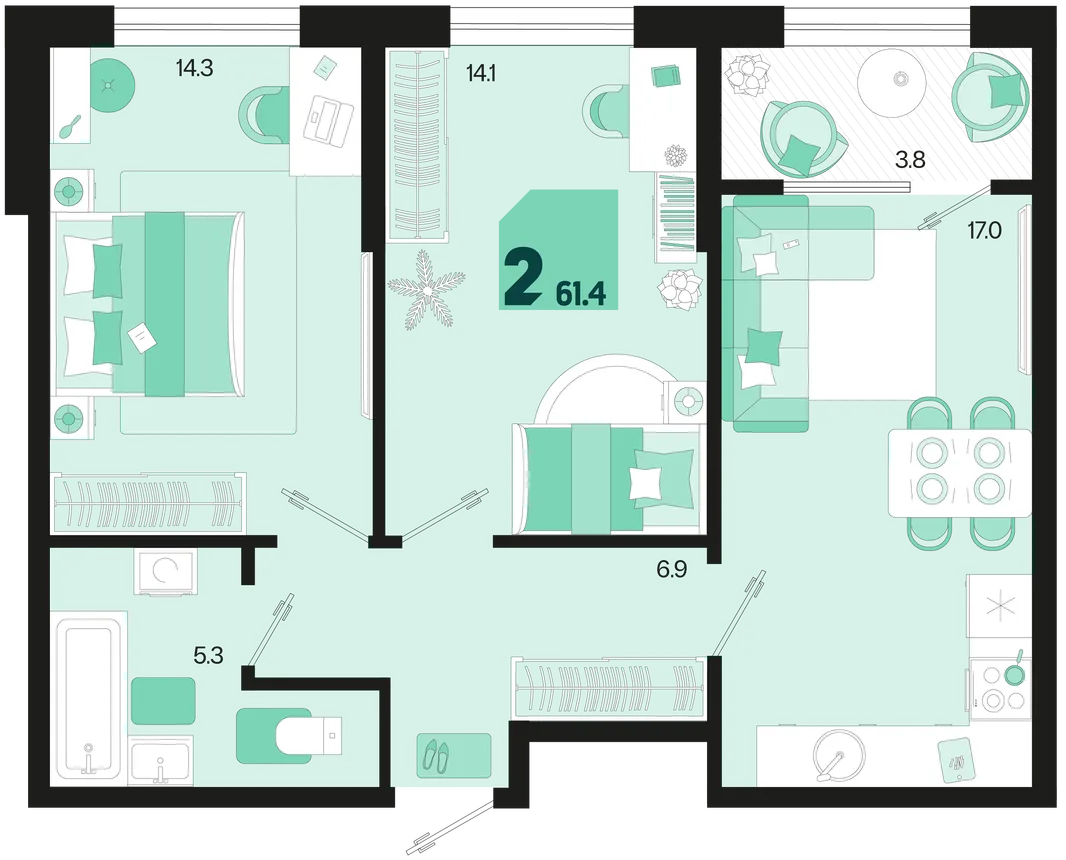 Планировка 2-комн. квартира, 61.4 м² ЖК «Первое место»