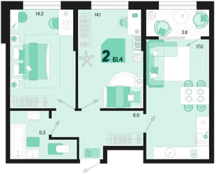 Планировка 2-комн. квартира, 61.4 м² ЖК «Первое место»