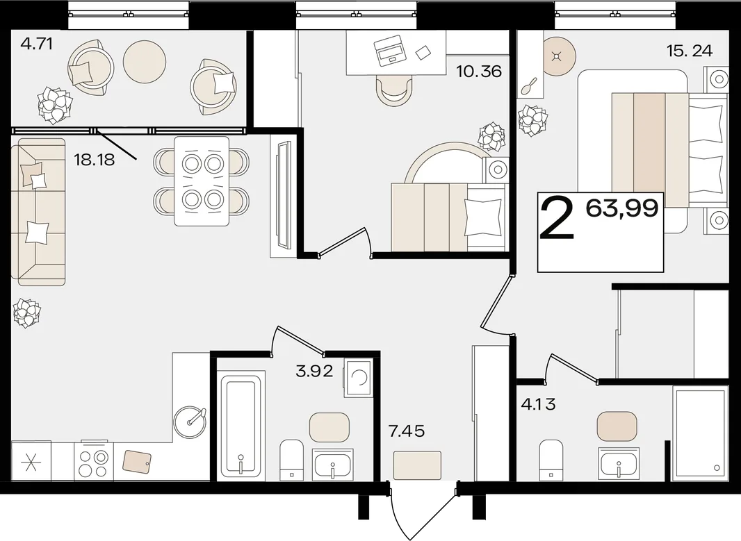Планировка 2-комн. квартира, 63.99 м² ЖК «Патрики»