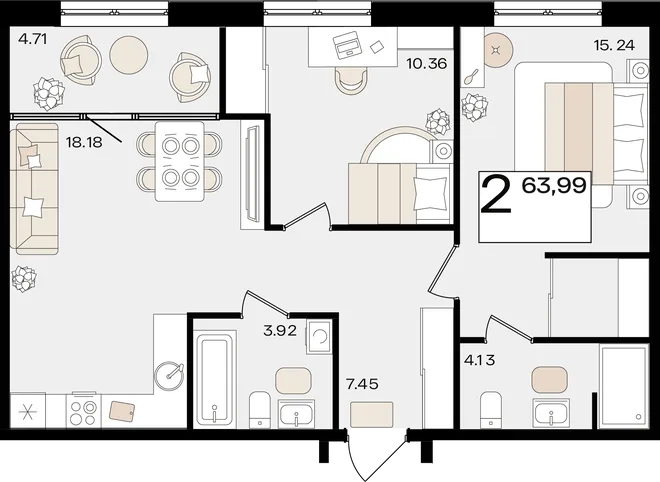 Планировка 2-комн. квартира, 63.99 м² ЖК «Патрики» Планировка 2-комн. квартира, 63.99 м² ЖК «Патрики»
