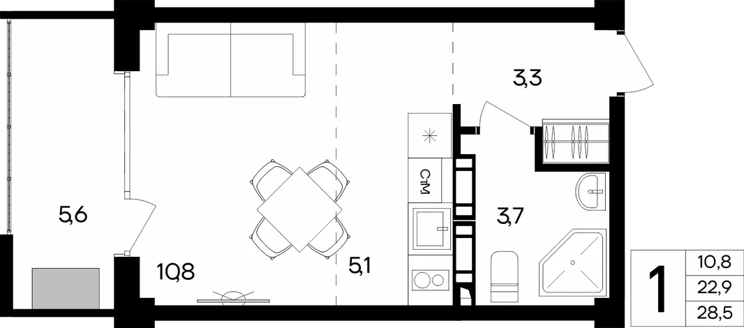 Планировка 1-комн. квартира, 28.5 м² Апарт-комплекс «Альморе»