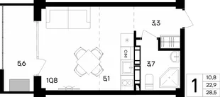 Планировка 1-комн. квартира, 28.5 м² Апарт-комплекс «Альморе»