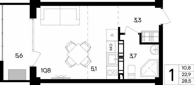 Планировка 1-комн. квартира, 28.5 м² Апарт-комплекс «Альморе» Планировка 1-комн. квартира, 28.5 м² Апарт-комплекс «Альморе»