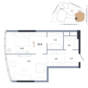 Планировка 1-комн. квартира, 51 м² ЖК «АУРУС Резиденции»