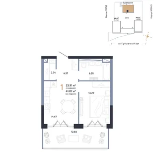 Планировка 1-комн. квартира, 53.91 м² ЖК «Репаблик»
