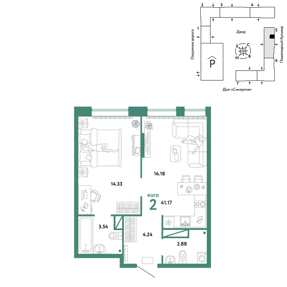 Планировка 2-комн. квартира, 41.17 м² ЖК «Юнион»