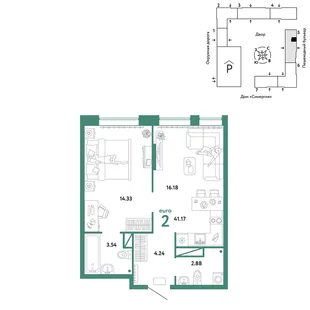 Планировка 2-комн. квартира, 41.17 м² ЖК «Юнион»