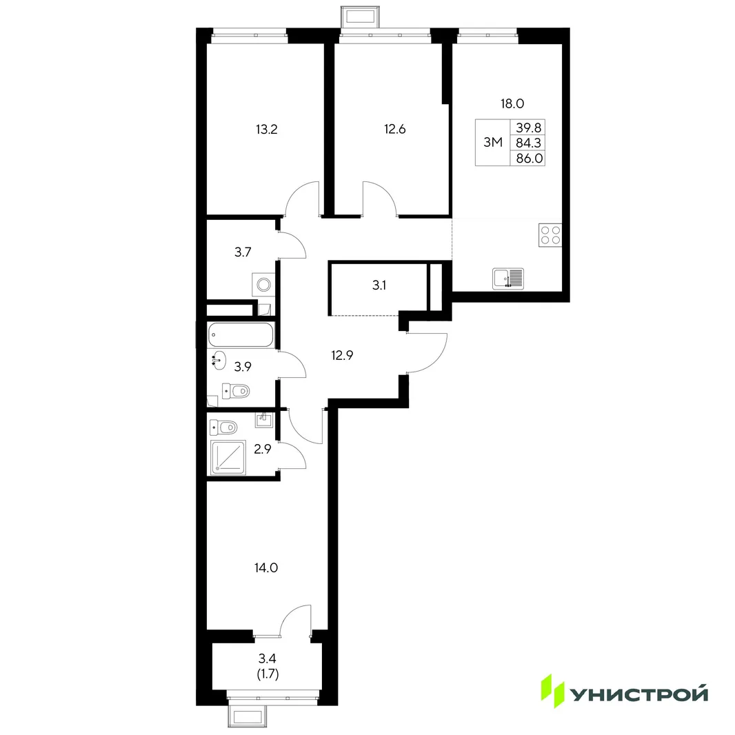 Планировка 3-комн. квартира, 86 м² ЖК «Стадиум»