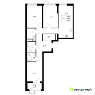 Планировка 3-комн. квартира, 86 м² ЖК «Стадиум»