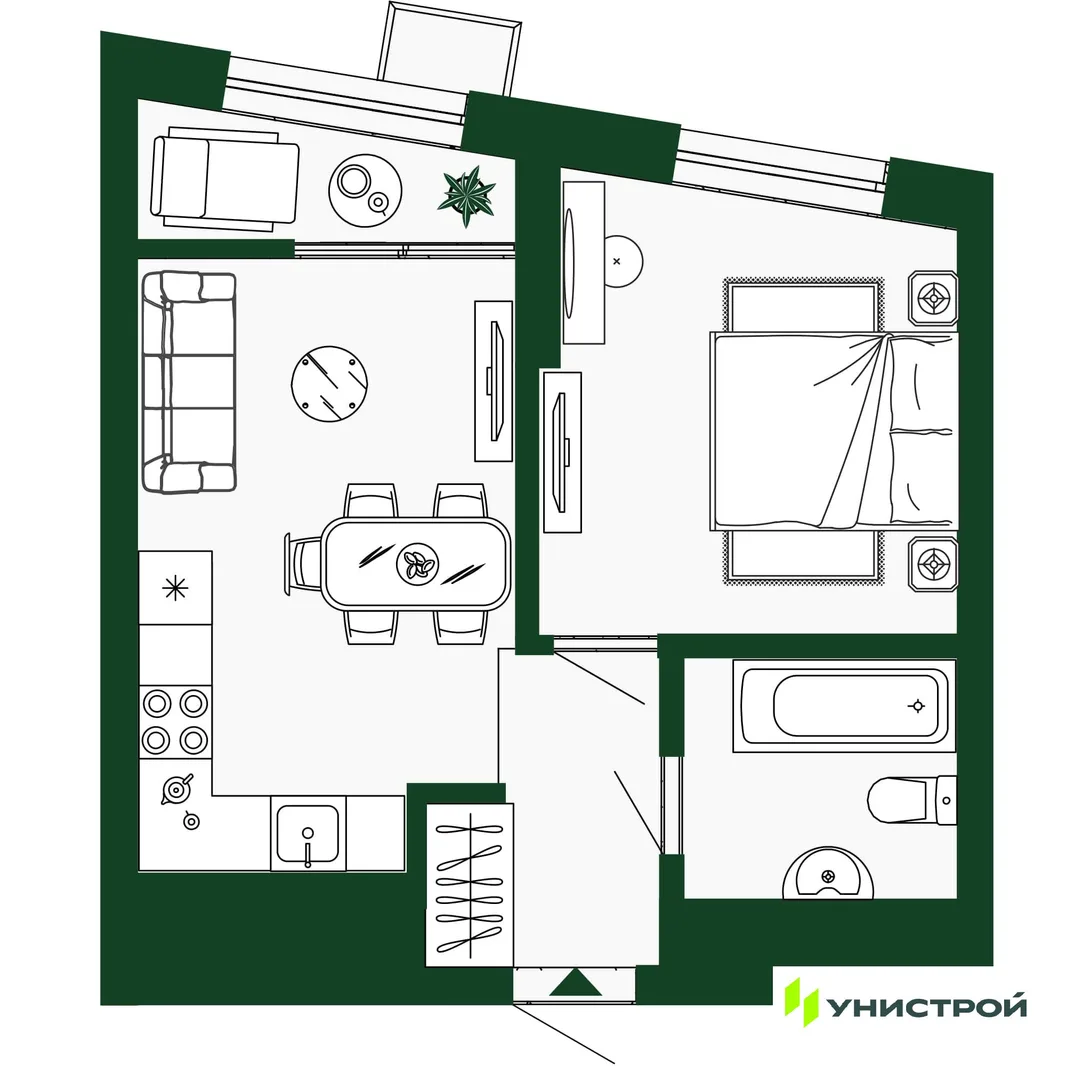 Планировка 1-комн. квартира, 34.4 м² ЖК «Парковый квартал 2.0»