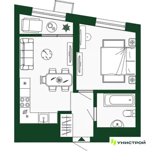 Планировка 1-комн. квартира, 34.4 м² ЖК «Парковый квартал 2.0»