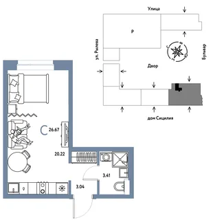 Планировка Студия, 26.67 м² ЖК «Остров-сад»