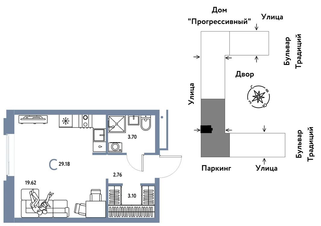 Планировка Студия, 29.18 м² ЖК «Микрорайон Домашний»