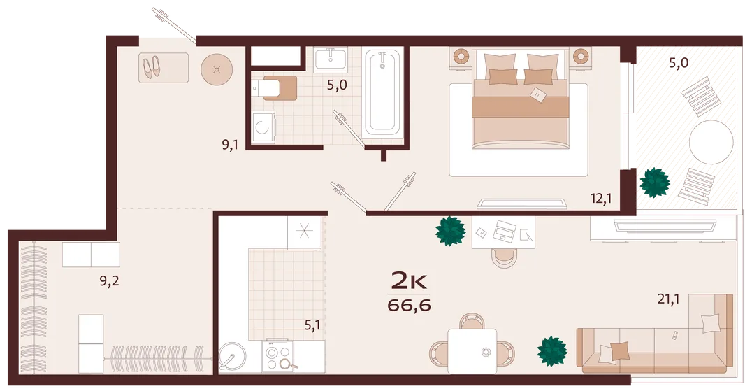Планировка 2-комн. квартира, 66.6 м² ЖК «Роялта»