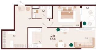Планировка 2-комн. квартира, 66.6 м² ЖК «Роялта»