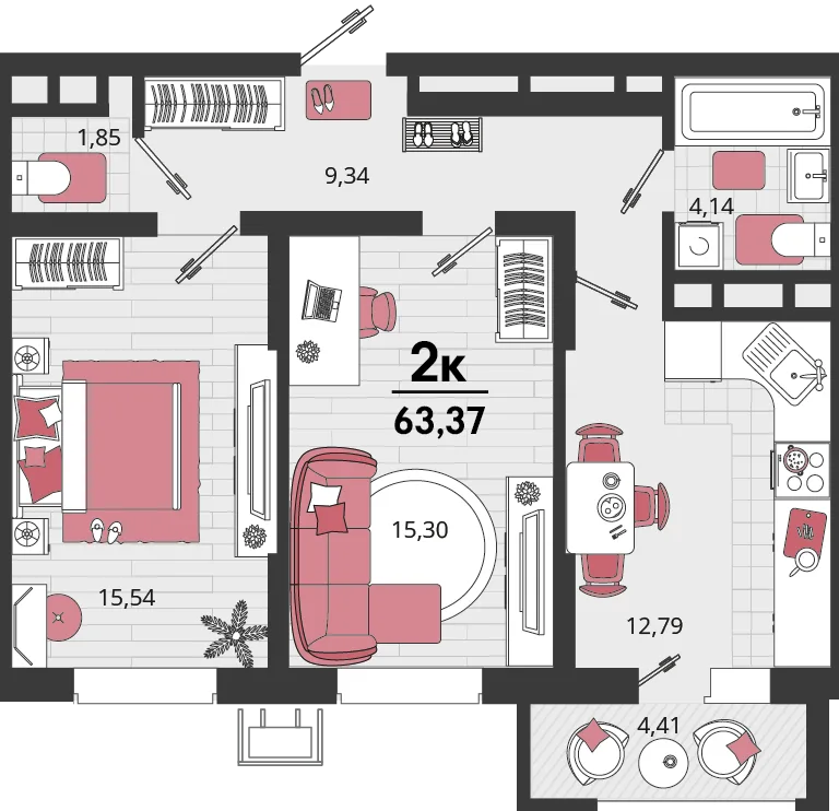 Планировка 2-комн. квартира, 63.37 м² ЖК «Родные просторы»