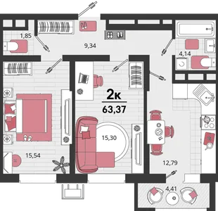 Планировка 2-комн. квартира, 63.37 м² ЖК «Родные просторы»