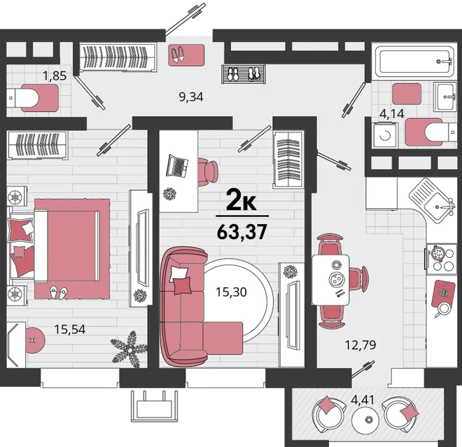 Планировка 2-комн. квартира, 63.37 м² ЖК «Родные просторы» Планировка 2-комн. квартира, 63.37 м² ЖК «Родные просторы»