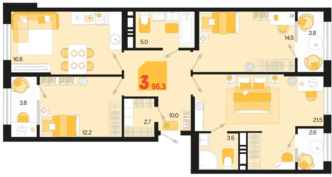 Планировка 3-комн. квартира, 96.3 м² ЖК «Первое место»