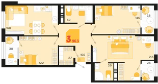 Планировка 3-комн. квартира, 96.3 м² ЖК «Первое место»
