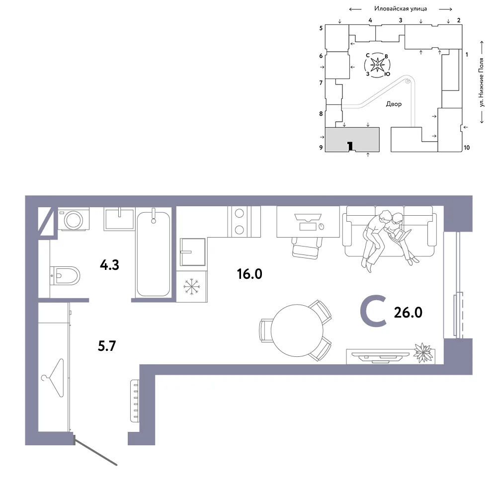 Планировка Студия, 26 м² ЖК «Страна.Заречная»