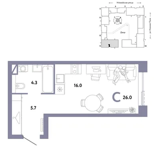 Планировка Студия, 26 м² ЖК «Страна.Заречная»