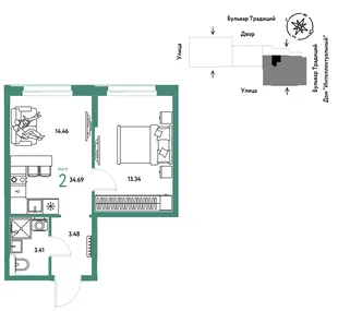 Планировка 2-комн. квартира, 34.69 м² ЖК «Микрорайон Домашний»