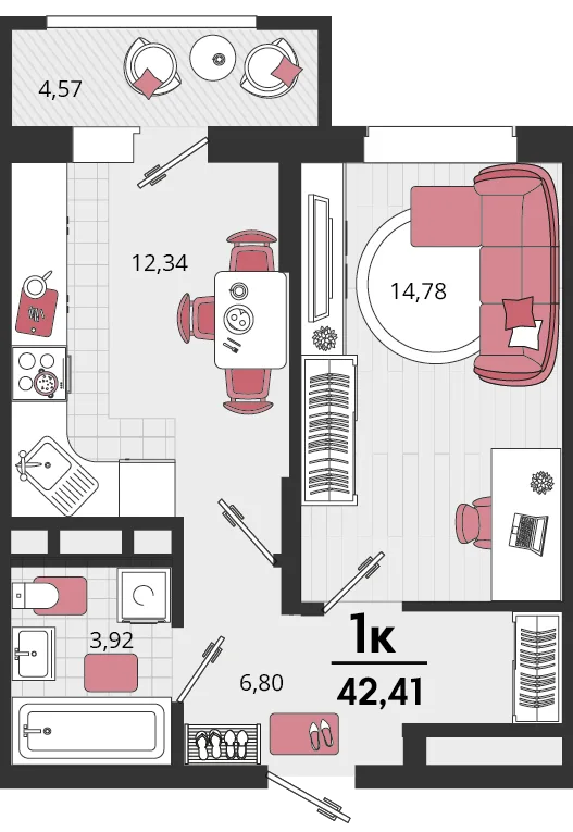 Планировка 1-комн. квартира, 42.41 м² ЖК «Родные просторы»
