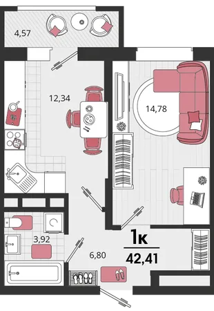 Планировка 1-комн. квартира, 42.41 м² ЖК «Родные просторы»