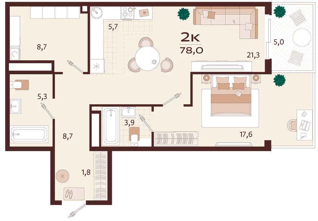 Планировка 2-комн. квартира, 78 м² ЖК «Роялта»