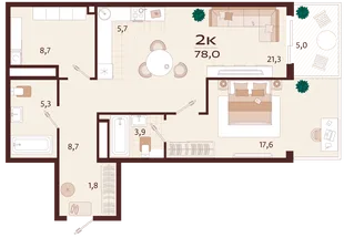 Планировка 2-комн. квартира, 78 м² ЖК «Роялта»