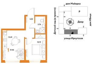 Планировка 1-комн. квартира, 31.46 м² ЖК «Остров-сад»