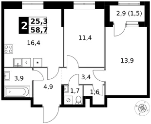 Квартира 2-комн. квартира, 58.7 м² ЖК «1-й Измайловский» Фото 1 Квартира 2-комн. квартира, 58.7 м² ЖК «1-й Измайловский» Фото 1