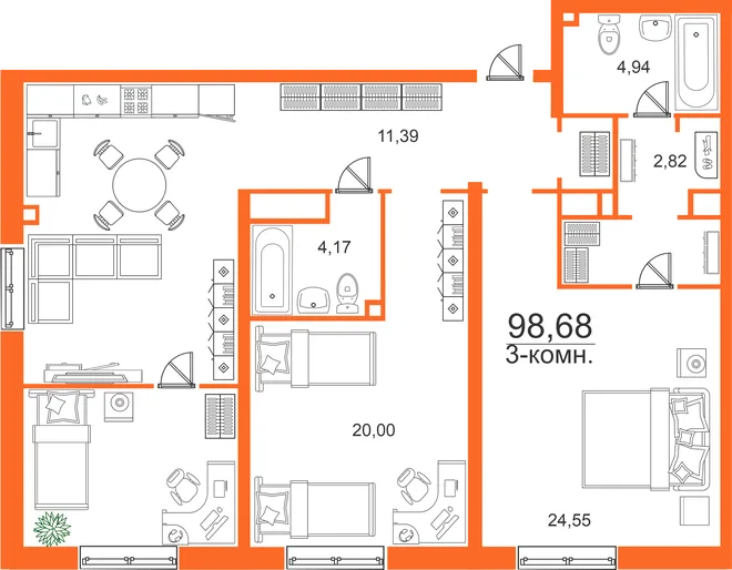 Планировка 3-комн. квартира, 98.68 м² ЖК «Аквамарин 2» Планировка 3-комн. квартира, 98.68 м² ЖК «Аквамарин 2»