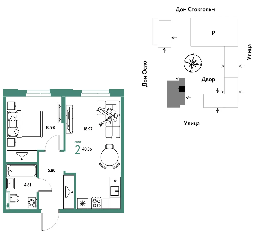 Планировка 2-комн. квартира, 40.36 м² ЖК «Европейский берег 2.0»