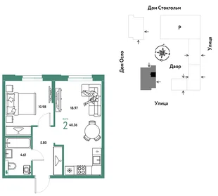 Планировка 2-комн. квартира, 40.36 м² ЖК «Европейский берег 2.0»