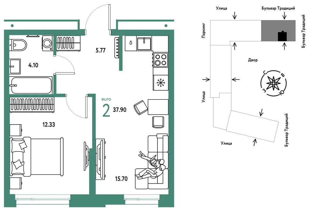 Планировка 2-комн. квартира, 37.9 м² ЖК «Микрорайон Домашний»