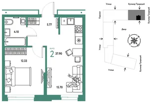 Планировка 2-комн. квартира, 37.9 м² ЖК «Микрорайон Домашний»