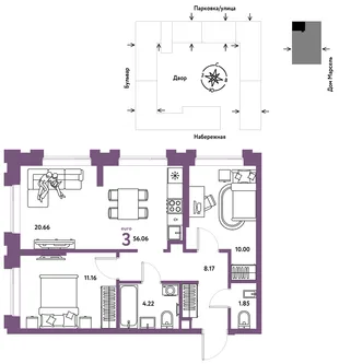 Планировка 3-комн. квартира, 56.06 м² ЖК «Европейский берег 2.0»
