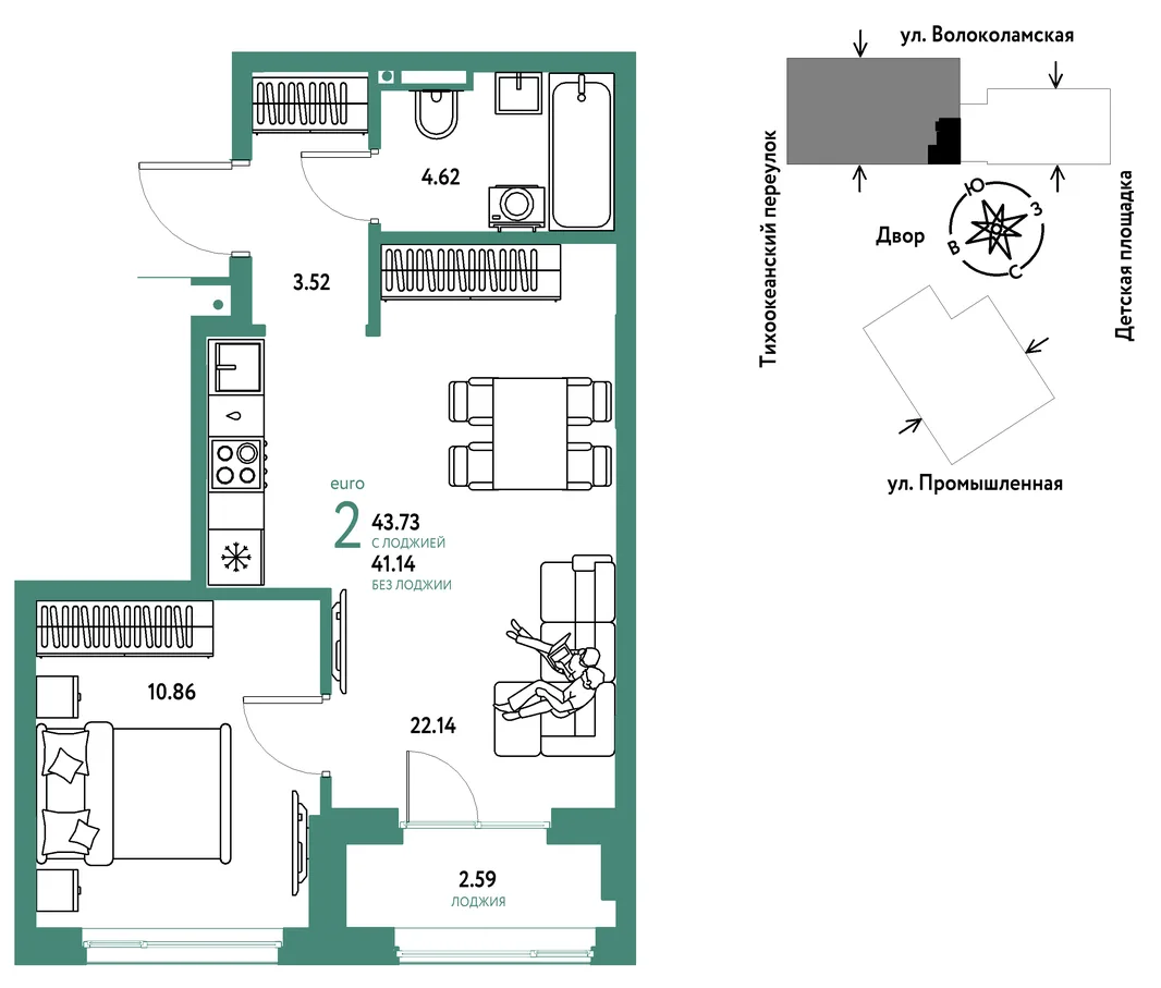 Планировка 2-комн. квартира, 43.73 м² ЖК «Страна Прибрежная»