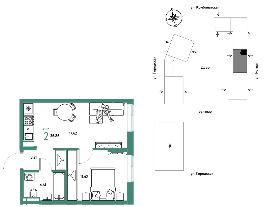 Планировка 2-комн. квартира, 36.86 м² ЖК «Уральский сад»