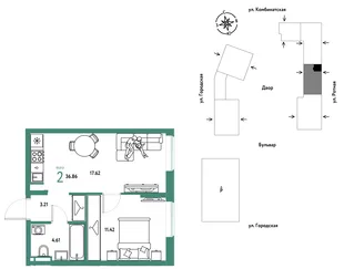 Планировка 2-комн. квартира, 36.86 м² ЖК «Уральский сад»