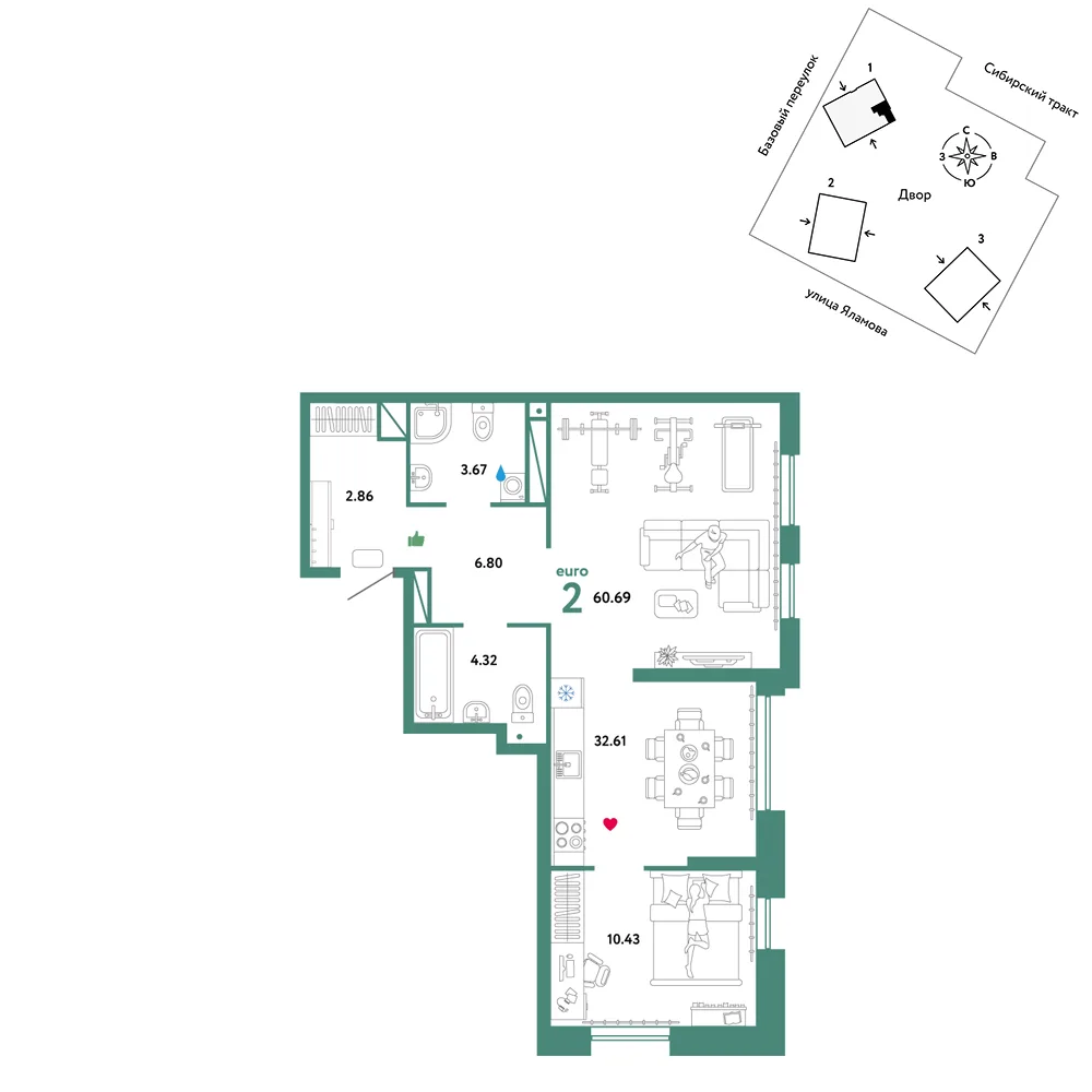 Планировка 2-комн. квартира, 60.69 м² ЖК «Сибирский сад»