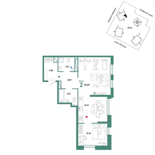 Планировка 2-комн. квартира, 60.69 м² ЖК «Сибирский сад»