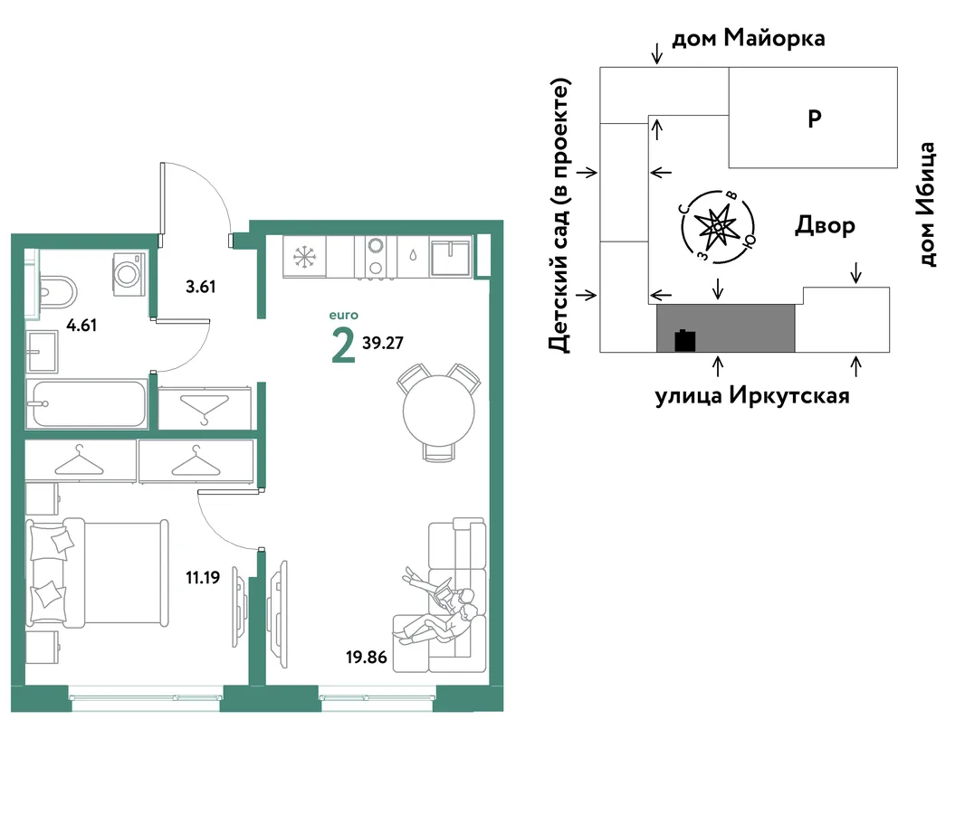 Планировка 2-комн. квартира, 39.27 м² ЖК «Остров-сад»